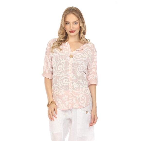 Light Pink Spiral Print V-Neck Button Detail Top - Picture 1 of 8